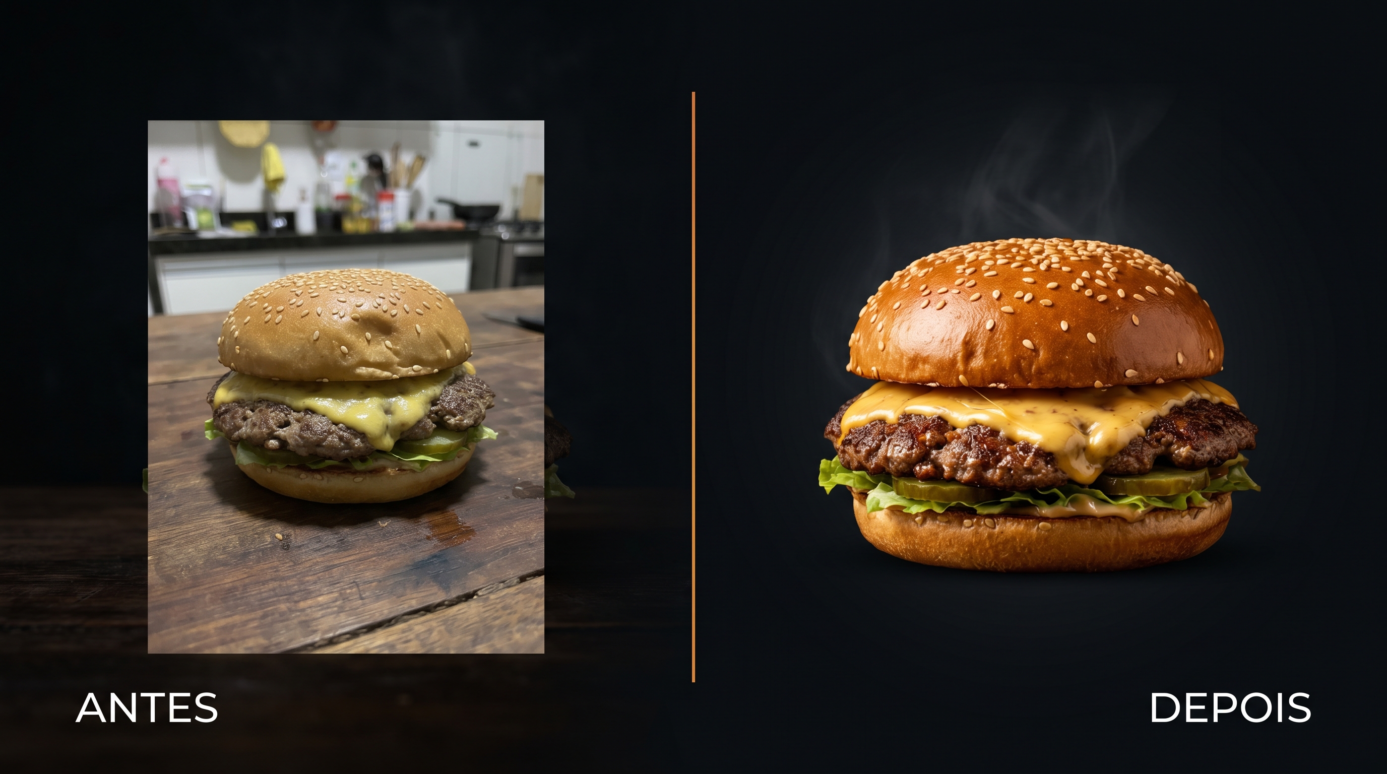 Antes e depois: foto de hambúrguer aprimorada pela IA do MenuAI Pro